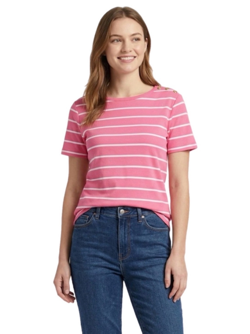 NWT M Chaps Women’s Striped Pink White Shirt 100% Cotton Tee Top